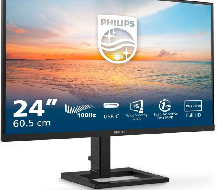 Philips 24E1N1300AM – Moniteur FHD 24 Pouces, réglable en Hauteur, Haut-parleurs (1920×1080, 100 Hz, HDMI, USB-C (65W Power Delivery) hub USB) Noir